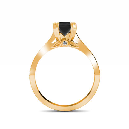 Through-finger view of yellow gold black diamond solitaire ring with pave shoulders showing the band profile