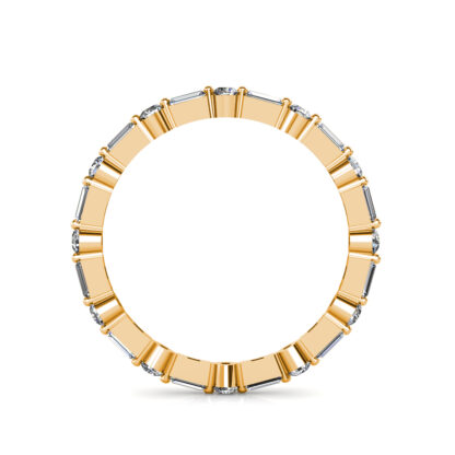 Through-finger view of yellow gold baguette and round diamond station eternity band showing the band profile