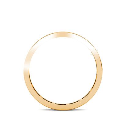 Through-finger view of yellow gold slim channel-set diamond eternity band showing the band profile