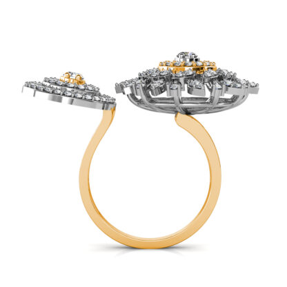 Through-finger view of yellow gold two-finger diamond sunburst cocktail ring showing the band profile