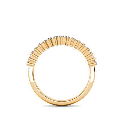 Through-finger view of yellow gold prong-set baguette diamond half eternity ring showing the band profile