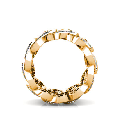 Top-down view of yellow gold interlocking loop baguette diamond wide ring