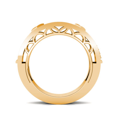 Through-finger view of yellow gold wide channel and pave diamond band showing the band profile
