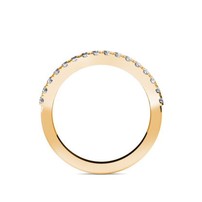 Through-finger view of yellow gold shared-prong diamond half eternity band showing the band profile