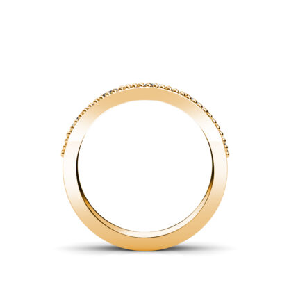 Through-finger view of yellow gold beaded milgrain graduated diamond band showing the band profile