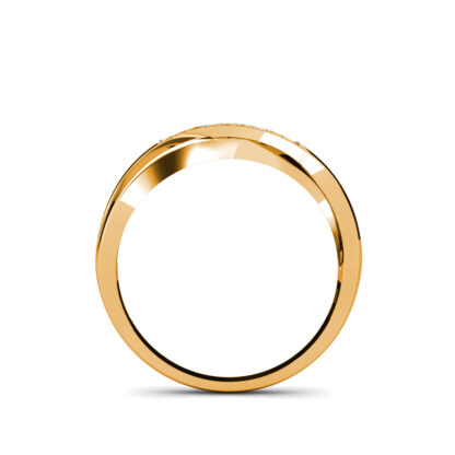 Through-finger view of yellow gold pave diamond crossover wedding ring showing the band profile