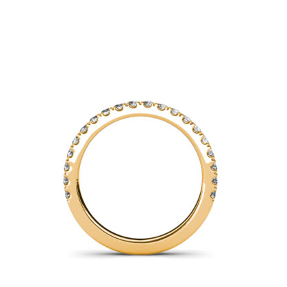 Through-finger view of yellow gold prong-set diamond half eternity ring showing the band profile
