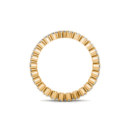 Through-finger view of yellow gold double row staggered diamond eternity band showing the band profile