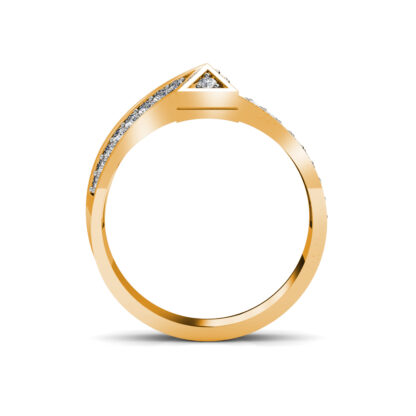 Through-finger view of yellow gold pave diamond T shape statement ring showing the band profile
