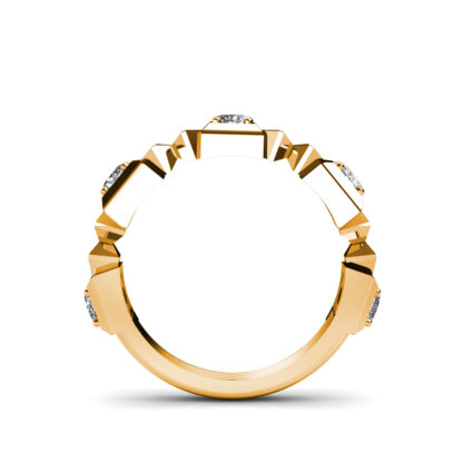 Through-finger view of yellow gold geometric block bezel diamond band showing the band profile