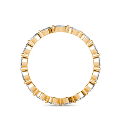 Through-finger view of yellow gold marquise diamond station eternity ring showing the band profile