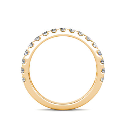 Through-finger view of yellow gold half eternity diamond ring showing the band profile
