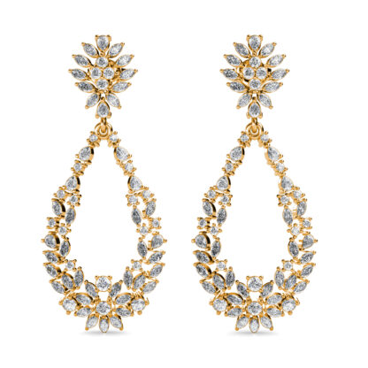 Front view of yellow gold marquise diamond open teardrop earrings