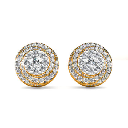 Front view of yellow gold double halo diamond cluster stud earrings
