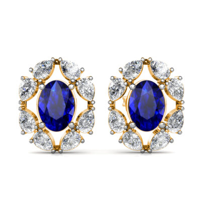 Yellow gold sapphire diamond halo stud earrings, front view