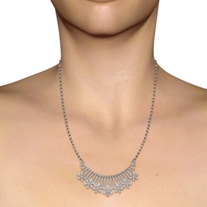 White gold or platinum diamond sunburst mangalsutra pendant worn