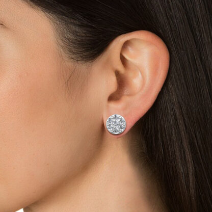 White gold diamond line hoop earrings worn on hand