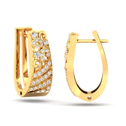 Front view of yellow gold huggie hoop earrings with a diamond filigree scroll pattern