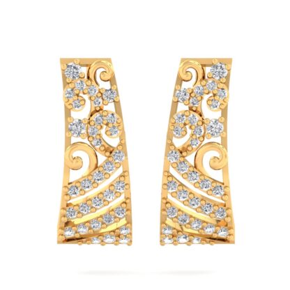 Side view of yellow gold diamond filigree hoop earrings showing hinged closure