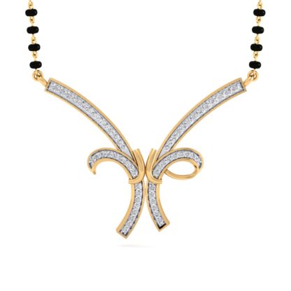 Angled view of yellow gold diamond bow knot mangalsutra pendant