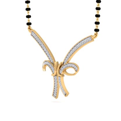 Front view of yellow gold mangalsutra with a channel-set diamond bow knot