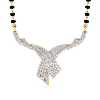 Angled view of yellow gold crisscross diamond bar mangalsutra pendant