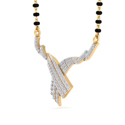 Front view of yellow gold mangalsutra with crisscrossing channel-set diamond bars