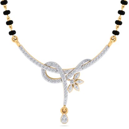 Angled view of yellow gold diamond ribbon knot mangalsutra pendant