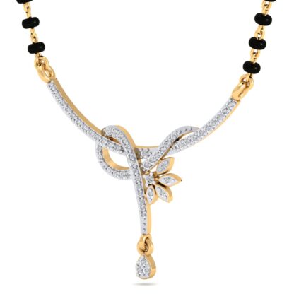 Front view of yellow gold mangalsutra with a diamond ribbon knot and flower cluster