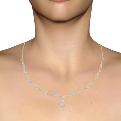 Yellow gold diamond vine statement necklace worn on a model's neckline