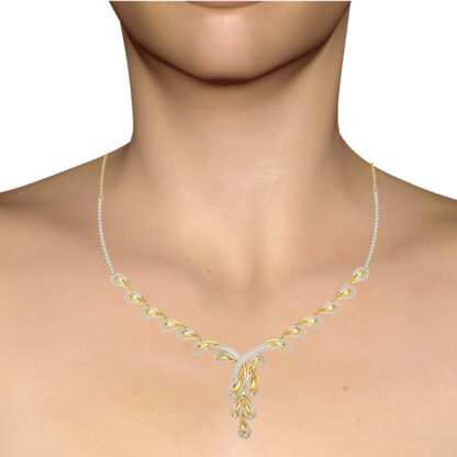 Yellow gold diamond leaf link necklace worn on a model's neckline