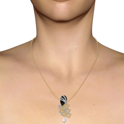 Black onyx diamond pendant with pearl drop worn on a model's neckline