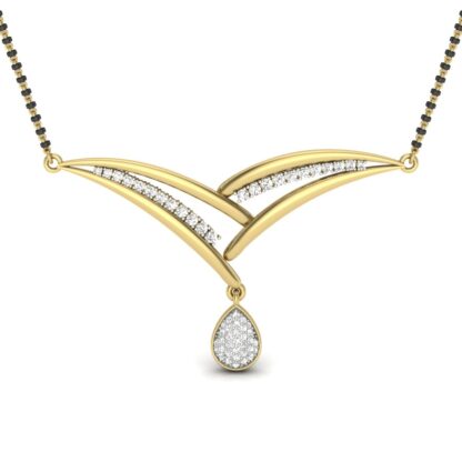 Full length view of yellow gold diamond mangalsutra on its black bead chain