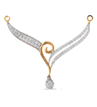 Full length view of two-tone gold diamond mangalsutra on its black bead chain