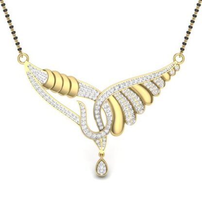 Front view of yellow gold mangalsutra with a fluted diamond wing pendant on a black bead chain