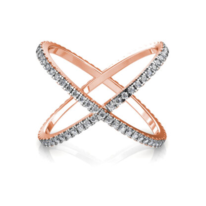 Front view of rose gold diamond criss-cross X ring