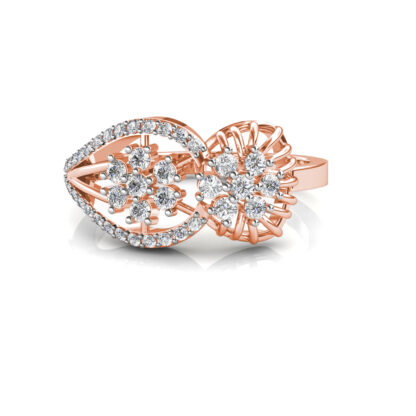 Front view of rose gold floral cluster bypass diamond cocktail ring