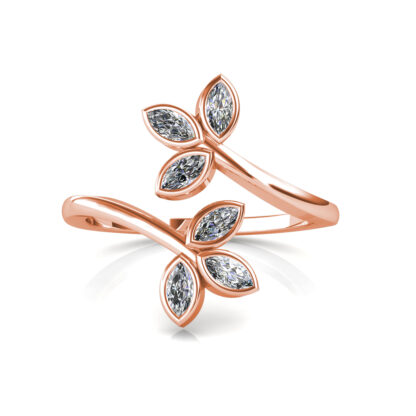 Front view of rose gold marquise diamond twin leaf bypass ring