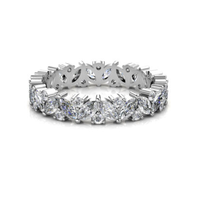 Front view of white gold or platinum marquise diamond leaf eternity band