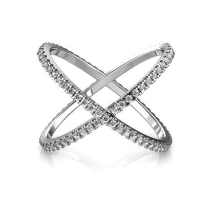 Front view of white gold or platinum diamond criss-cross X ring
