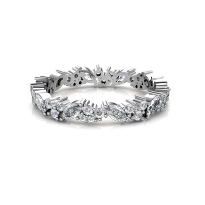 Front view of white gold or platinum marquise and round diamond cluster eternity band