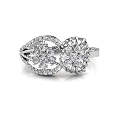 Front view of white gold or platinum floral cluster bypass diamond cocktail ring