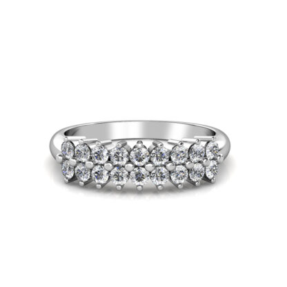 Front view of white gold or platinum two row diamond cluster band