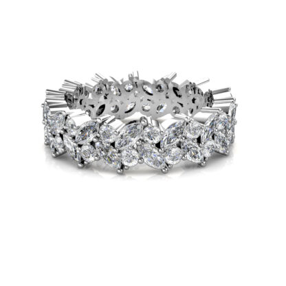 Front view of white gold or platinum double row marquise diamond leaf eternity band