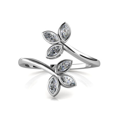 Front view of white gold or platinum marquise diamond twin leaf bypass ring
