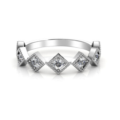 Front view of white gold or platinum milgrain kite frame diamond stacking band