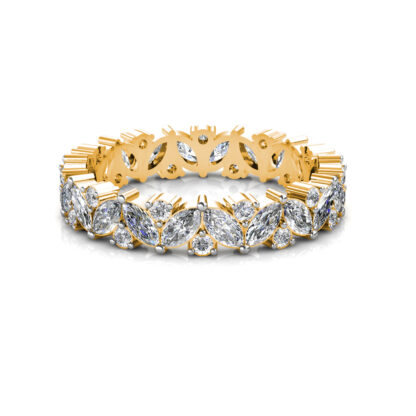 Front view of yellow gold marquise diamond leaf eternity band