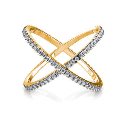Front view of yellow gold diamond criss-cross X ring