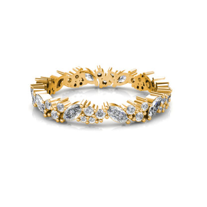 Front view of yellow gold marquise and round diamond cluster eternity band