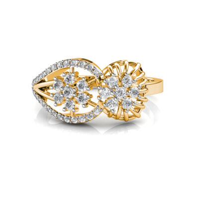 Front view of yellow gold floral cluster bypass diamond cocktail ring